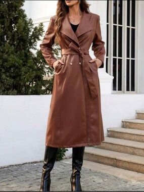 SHEIN Brown Faux Leather Long Trench Coat with Belt